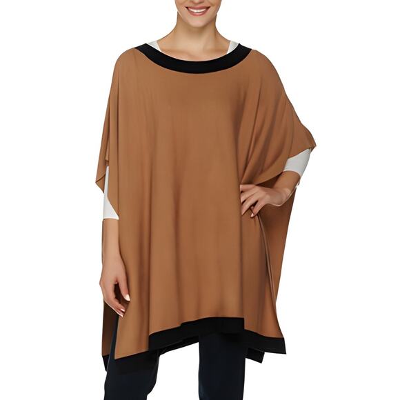 Linea by Louis Dell'Olio Whisper Knit Camel/Black Poncho - Picture 1 of 8